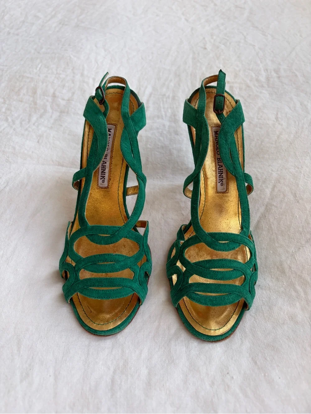 Vintage Manolo Blahnik Suede Strappy Loop Open Toe Heels Emerald Green